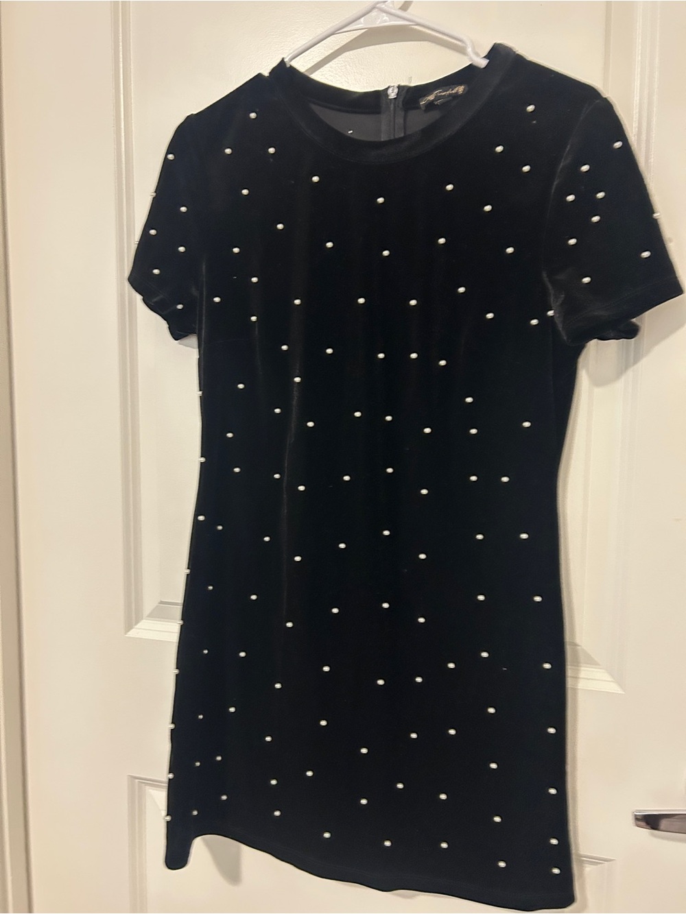 Black Pearl-Accent Velvet Short Sleeve Dress